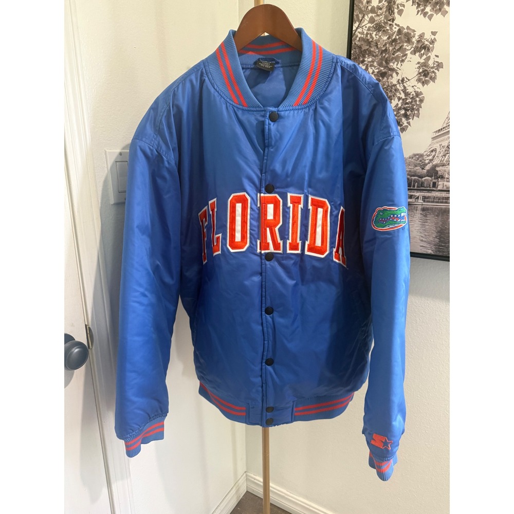 Starter VTG Florida Gators Varsity Bomber Jacket Mens L Blue Satin Snap Front